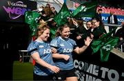 21 March 2025; Neve Jones, left, and Sadhbh McGrath during the Ireland rugby captain's run at Kingspan Stadium in Belfast. Photo by Ramsey Cardy/Sportsfile