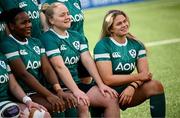 21 March 2025; Ireland players, from left, Linda Djougang, Clíodhna Moloney and Dorothy Wall during the Ireland rugby captain's run at Kingspan Stadium in Belfast. Photo by Ramsey Cardy/Sportsfile