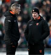 15 March 2025; Armagh manager Kieran McGeeney, left, and coach Denis Hollywood before the Allianz Football League Division 1 match between Kerry and Armagh at Austin Stack Park in Tralee, Kerry. Photo by Brendan Moran/Sportsfile