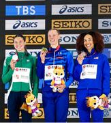 21 March 2025; Medallists in the women's pentathlon, from left, silver medallist Kate O’Connor of Ireland, gold medallist Saga Vanninen of Finland and bronze medallist Taliyah Brooks of United States on day one of the World Indoor Athletics Championships at Nanjing's Cube Gymnasium at the Nanjing Youth Olympic Sports Park in Nanjing, China. Photo by Sportsfile