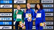 21 March 2025; Medallists in the women's pentathlon, from left, silver medallist Kate O’Connor of Ireland, gold medallist Saga Vanninen of Finland and bronze medallist Taliyah Brooks of United States on day one of the World Indoor Athletics Championships at Nanjing's Cube Gymnasium at the Nanjing Youth Olympic Sports Park in Nanjing, China. Photo by Sportsfile