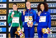 21 March 2025; Medallists in the women's pentathlon, from left, silver medallist Kate O’Connor of Ireland, gold medallist Saga Vanninen of Finland and bronze medallist Taliyah Brooks of United States on day one of the World Indoor Athletics Championships at Nanjing's Cube Gymnasium at the Nanjing Youth Olympic Sports Park in Nanjing, China. Photo by Sportsfile