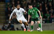 21 March 2025; Paul Smyth of Northern Ireland in action against Ricardo Rodriguez of Switzerland during the international friendly match between Northern Ireland and Switzerland at the National Football Stadium at Windsor Park in Belfast. Photo by Ben McShane/Sportsfile