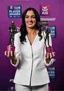 21 March 2025; Sarsfields camogie player Niamh McGrath with her 2024 Camogie Club Championship Player of the Year award and AIB Club Camogie Team of the Year Award during the AIB Club Player Awards at Croke Park in Dublin. The AIB Club Player Awards celebrated the best players from club Football, Hurling, Camogie, and LGFA in a single ceremony for the first time, recognising their outstanding achievements on the field throughout the season. Photo by Sam Barnes/Sportsfile