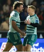 21 March 2025; Sean O'Brien, left, celebrates his try with Ethan Coughlan of Munster during the United Rugby Championship match between Glasgow Warriors and Munster at Scotstoun Stadium in Glasgow, Scotland. Photo by Ewan Bootman/Sportsfile