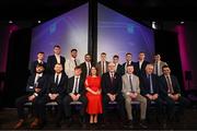 21 March 2025; The 2024/25 Football Team of the Year, front row, from left, Keelan Harte of Coolera-Strandhill; Seán Taylor of Coolera-Strandhill; Charlie McMorrow of Cuala; Peter Óg McCartan of Errigal Ciaran; Conor Fitzsimons, father of Michael Fitzsimons of Cuala; Brian Looney of Dr Crokes; back row, from left, David O'Dowd of Cuala; Peadar Ó Cofaigh Byrne of Cuala; Joe Oguz of Errigal Ciaran; Micheál Burns of Dr Crokes; Peter Harte of Errigal Ciaran; Ruairí Canavan of Errigal Ciaran; Niall O'Callaghan of Cuala; Con O'Callaghan of Cuala; and Darragh Canavan of Errigal Ciaran; with AIB Chief Customer Officer Orlaith Ryan and Uachtarán Cumann Lúthchleas Gael Jarlath Burns during the AIB Club Player Awards at Croke Park in Dublin. The AIB Club Player Awards celebrated the best players from club Football, Hurling, Camogie, and LGFA in a single ceremony for the first time, recognising their outstanding achievements on the field throughout the season. Photo by Ramsey Cardy/Sportsfile