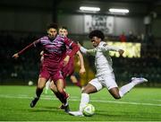 21 March 2025; Gideon Tetteh of Athlone Town in action against Nolan Evers of Cobh Ramblers during the SSE Airtricity Men's First Division match between Cobh Ramblers and Athlone Town at St Colman's Park in Cobh, Cork. Photo by Michael P Ryan/Sportsfile