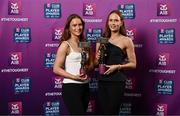 21 March 2025; Kilkerrin-Clonberne ladies footballers Niamh and Olivia Divilly with their 2024 Ladies Gaelic Football Team of the Year awards during the AIB Club Player Awards at Croke Park in Dublin. The AIB Club Player Awards celebrated the best players from club Football, Hurling, Camogie, and LGFA in a single ceremony for the first time, recognising their outstanding achievements on the field throughout the season. Photo by Seb Daly/Sportsfile