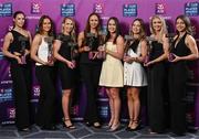 21 March 2025; Kilkerrin-Clonberne ladies footballers, from left, Aisling Madden, Niamh Divilly, Sarah Gormally, Olivia Divilly, Nicola Ward, Hannah Noone, Louise Ward and Eva Noone with their 2024 Ladies Gaelic Football Team of the Year awards during the AIB Club Player Awards at Croke Park in Dublin. The AIB Club Player Awards celebrated the best players from club Football, Hurling, Camogie, and LGFA in a single ceremony for the first time, recognising their outstanding achievements on the field throughout the season. Photo by Seb Daly/Sportsfile