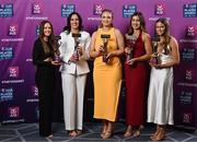 21 March 2025; Sarsfields camogie players, from left, Tara Kenny, Niamh McGrath, Maria Cooney, Klara Donohue and Caoimhe Kelly with their 2024 Camogie Team of the Year awards during the AIB Club Player Awards at Croke Park in Dublin. The AIB Club Player Awards celebrated the best players from club Football, Hurling, Camogie, and LGFA in a single ceremony for the first time, recognising their outstanding achievements on the field throughout the season. Photo by Seb Daly/Sportsfile