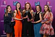 21 March 2025; Kilmacud Crokes ladies footballers, from left, Aoife Kane, Michelle Davoren, Niamh Cotter, Dearbhla Gower and Lauren Magee with their 2024 Ladies Gaelic Football Team of the Year awards during the AIB Club Player Awards at Croke Park in Dublin. The AIB Club Player Awards celebrated the best players from club Football, Hurling, Camogie, and LGFA in a single ceremony for the first time, recognising their outstanding achievements on the field throughout the season. Photo by Seb Daly/Sportsfile