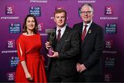 21 March 2025; Na Fianna hurler Conor McHugh is presented with his 2024/25 Hurling Team of the Year award by Uachtarán Cumann Lúthchleas Gael, Jarlath Burns and Chief Customer Officer of AIB, Orlaith Ryan during the AIB Club Player Awards at Croke Park in Dublin. The AIB Club Player Awards celebrated the best players from club Football, Hurling, Camogie, and LGFA in a single ceremony for the first time, recognising their outstanding achievements on the field throughout the season. Photo by Sam Barnes/Sportsfile