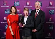 21 March 2025; Slaughtneil hurler Fionn McEldowney is presented with his 2024/25 Hurling Team of the Year award by Uachtarán Cumann Lúthchleas Gael, Jarlath Burns and Chief Customer Officer of AIB, Orlaith Ryan during the AIB Club Player Awards at Croke Park in Dublin. The AIB Club Player Awards celebrated the best players from club Football, Hurling, Camogie, and LGFA in a single ceremony for the first time, recognising their outstanding achievements on the field throughout the season. Photo by Sam Barnes/Sportsfile
