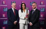21 March 2025; Sarsfields camogie player Niamh McGrath is presented her 2024 Camogie Team of the Year award by Uachtarán an Cumann Camógaíochta, Brian Molloy, right, and Chief Marketing Officer of AIB, Mark Doyle during the AIB Club Player Awards at Croke Park in Dublin. The AIB Club Player Awards celebrated the best players from club Football, Hurling, Camogie, and LGFA in a single ceremony for the first time, recognising their outstanding achievements on the field throughout the season. Photo by Seb Daly/Sportsfile