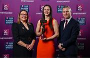 21 March 2025; Kilmacud Crokes ladies footballer Michelle Davoren is presented her 2024 Ladies Gaelic Football Team of the Year award by President of the Ladies Gaelic Football Association, Trina Murray and Chief Marketing Officer of AIB, Mark Doyle during the AIB Club Player Awards at Croke Park in Dublin. The AIB Club Player Awards celebrated the best players from club Football, Hurling, Camogie, and LGFA in a single ceremony for the first time, recognising their outstanding achievements on the field throughout the season. Photo by Seb Daly/Sportsfile