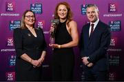 21 March 2025; Kilmacud Crokes ladies footballer Niamh Cotter is presented her 2024 Ladies Gaelic Football Team of the Year award by President of the Ladies Gaelic Football Association, Trina Murray and Chief Marketing Officer of AIB, Mark Doyle during the AIB Club Player Awards at Croke Park in Dublin. The AIB Club Player Awards celebrated the best players from club Football, Hurling, Camogie, and LGFA in a single ceremony for the first time, recognising their outstanding achievements on the field throughout the season. Photo by Seb Daly/Sportsfile