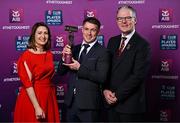 21 March 2025; Cuala footballer Niall O'Callaghan is presented with his 2024/25 Football Team of the Year award by Uachtarán Cumann Lúthchleas Gael, Jarlath Burns and Chief Customer Officer of AIB, Orlaith Ryan, during the AIB Club Player Awards at Croke Park in Dublin. The AIB Club Player Awards celebrated the best players from club Football, Hurling, Camogie, and LGFA in a single ceremony for the first time, recognising their outstanding achievements on the field throughout the season. Photo by Sam Barnes/Sportsfile