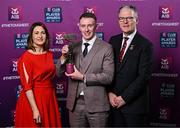 21 March 2025; Na Fianna hurler Colin Currie is presented with his 2024/25 Hurling Team of the Year award by Uachtarán Cumann Lúthchleas Gael, Jarlath Burns and Chief Customer Officer of AIB, Orlaith Ryan during the AIB Club Player Awards at Croke Park in Dublin. The AIB Club Player Awards celebrated the best players from club Football, Hurling, Camogie, and LGFA in a single ceremony for the first time, recognising their outstanding achievements on the field throughout the season. Photo by Sam Barnes/Sportsfile