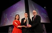 21 March 2025; Con O’Callaghan of Cuala is presented with his 2024/25 AIB GAA Club Football Player of the Year award by Uachtarán Cumann Lúthchleas Gael Jarlath Burns and AIB Chief Customer Officer Orlaith Ryan during the AIB Club Player Awards at Croke Park in Dublin. The AIB Club Player Awards celebrated the best players from club Football, Hurling, Camogie, and LGFA in a single ceremony for the first time, recognising their outstanding achievements on the field throughout the season. Photo by Ramsey Cardy/Sportsfile
