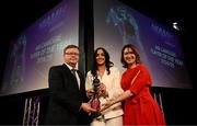21 March 2025; Niamh McGrath of Sarsfields is presented with her 2024 Camogie Club Championship Player of the Year award by Camogie Association president Brian Molloy and AIB Chief Customer Officer Orlaith Ryan during the AIB Club Player Awards at Croke Park in Dublin. The AIB Club Player Awards celebrated the best players from club Football, Hurling, Camogie, and LGFA in a single ceremony for the first time, recognising their outstanding achievements on the field throughout the season. Photo by Ramsey Cardy/Sportsfile