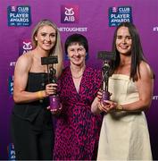 21 March 2025; Kilkerrin-Clonberne ladies footballers Louise and Nicola Ward with their mother Chrissie during the AIB Club Player Awards at Croke Park in Dublin. The AIB Club Player Awards celebrated the best players from club Football, Hurling, Camogie, and LGFA in a single ceremony for the first time, recognising their outstanding achievements on the field throughout the season. Photo by Seb Daly/Sportsfile