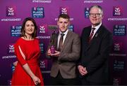 21 March 2025; Errigal Ciaran footballer Peter Harte is presented with his 2024/25 Football Team of the Year award by Uachtarán Cumann Lúthchleas Gael, Jarlath Burns and Chief Customer Officer of AIB, Orlaith Ryan, during the AIB Club Player Awards at Croke Park in Dublin. The AIB Club Player Awards celebrated the best players from club Football, Hurling, Camogie, and LGFA in a single ceremony for the first time, recognising their outstanding achievements on the field throughout the season. Photo by Sam Barnes/Sportsfile