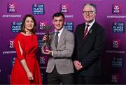 21 March 2025; Errigal Ciaran footballer Darragh Canavan is presented with his 2024/25 Football Team of the Year award by Uachtarán Cumann Lúthchleas Gael, Jarlath Burns and Chief Customer Officer of AIB, Orlaith Ryan, during the AIB Club Player Awards at Croke Park in Dublin. The AIB Club Player Awards celebrated the best players from club Football, Hurling, Camogie, and LGFA in a single ceremony for the first time, recognising their outstanding achievements on the field throughout the season. Photo by Sam Barnes/Sportsfile