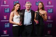 21 March 2025; Kilkerrin-Clonberne ladies footballers Niamh and Olivia Divilly with their father Michael during the AIB Club Player Awards at Croke Park in Dublin. The AIB Club Player Awards celebrated the best players from club Football, Hurling, Camogie, and LGFA in a single ceremony for the first time, recognising their outstanding achievements on the field throughout the season. Photo by Seb Daly/Sportsfile