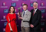 21 March 2025; Errigan Ciaran footballer Peter Óg McCartan is presented with his 2024/25 Football Team of the Year award by Uachtarán Cumann Lúthchleas Gael, Jarlath Burns and Chief Customer Officer of AIB, Orlaith Ryan, during the AIB Club Player Awards at Croke Park in Dublin. The AIB Club Player Awards celebrated the best players from club Football, Hurling, Camogie, and LGFA in a single ceremony for the first time, recognising their outstanding achievements on the field throughout the season. Photo by Sam Barnes/Sportsfile