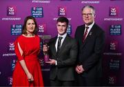 21 March 2025; Errigal Ciaran footballer Ruairí Canavan is presented with his 2024/25 Football Team of the Year award by Uachtarán Cumann Lúthchleas Gael, Jarlath Burns and Chief Customer Officer of AIB, Orlaith Ryan, during the AIB Club Player Awards at Croke Park in Dublin. The AIB Club Player Awards celebrated the best players from club Football, Hurling, Camogie, and LGFA in a single ceremony for the first time, recognising their outstanding achievements on the field throughout the season. Photo by Sam Barnes/Sportsfile