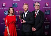 21 March 2025; Coolera-Strandhill footballer Seán Taylor is presented with his 2024/25 Football Team of the Year award by Uachtarán Cumann Lúthchleas Gael, Jarlath Burns and Chief Customer Officer of AIB, Orlaith Ryan, during the AIB Club Player Awards at Croke Park in Dublin. The AIB Club Player Awards celebrated the best players from club Football, Hurling, Camogie, and LGFA in a single ceremony for the first time, recognising their outstanding achievements on the field throughout the season. Photo by Sam Barnes/Sportsfile