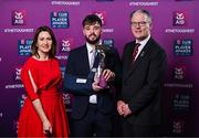 21 March 2025; Coolera-Strandhill footballer Keelan Harte is presented with his 2024/25 Football Team of the Year award by Uachtarán Cumann Lúthchleas Gael, Jarlath Burns and Chief Customer Officer of AIB, Orlaith Ryan, during the AIB Club Player Awards at Croke Park in Dublin. The AIB Club Player Awards celebrated the best players from club Football, Hurling, Camogie, and LGFA in a single ceremony for the first time, recognising their outstanding achievements on the field throughout the season. Photo by Sam Barnes/Sportsfile