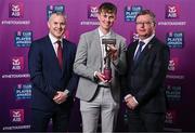 21 March 2025; Kilkerrin-Clonberne ladies footballer Louise Ward's brother Alan is presented with her 2024 Camogie Team of the Year award by Uachtarán an Cumann Camógaíochta, Brian Molloy, right, and Chief Marketing Officer of AIB, Mark Doyle during the AIB Club Player Awards at Croke Park in Dublin. The AIB Club Player Awards celebrated the best players from club Football, Hurling, Camogie, and LGFA in a single ceremony for the first time, recognising their outstanding achievements on the field throughout the season. Photo by Seb Daly/Sportsfile