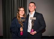 21 March 2025; Kilmacud Crokes ladies footballer Aoife Kane and Cuala footballer Con O'Callaghan during the AIB Club Player Awards at Croke Park in Dublin. The AIB Club Player Awards celebrated the best players from club Football, Hurling, Camogie, and LGFA in a single ceremony for the first time, recognising their outstanding achievements on the field throughout the season. Photo by Seb Daly/Sportsfile