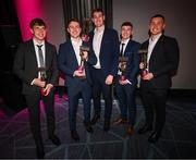 21 March 2025; Cuala footballers, from left, Charlie McMorrow, Niall O'Callaghan, Peadar Ó Cofaigh Byrne, David O’Dowd and Con O'Callaghan with their 2024/25 Football Team of the Year awards during the AIB Club Player Awards at Croke Park in Dublin. The AIB Club Player Awards celebrated the best players from club Football, Hurling, Camogie, and LGFA in a single ceremony for the first time, recognising their outstanding achievements on the field throughout the season. Photo by Seb Daly/Sportsfile