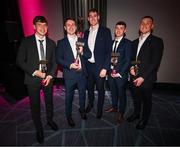 21 March 2025; Cuala footballers, from left, Charlie McMorrow, Niall O'Callaghan, Peadar Ó Cofaigh Byrne, David O’Dowd and Con O'Callaghan with their 2024/25 Football Team of the Year awards during the AIB Club Player Awards at Croke Park in Dublin. The AIB Club Player Awards celebrated the best players from club Football, Hurling, Camogie, and LGFA in a single ceremony for the first time, recognising their outstanding achievements on the field throughout the season. Photo by Seb Daly/Sportsfile
