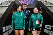 22 March 2025; Amee-Leigh Costigan, left, and Edel McMahon of Ireland before the Women's Six Nations Rugby Championship match between Ireland and France at Kingspan Stadium in Belfast. Photo by Ramsey Cardy/Sportsfile