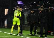 21 March 2025; Cobh Ramblers goalkeeper Timothy Martin celebrates his sides second goal with goalkeeping coach Noel Cantwell during the SSE Airtricity Men's First Division match between Cobh Ramblers and Athlone Town at St Colman's Park in Cobh, Cork. Photo by Michael P Ryan/Sportsfile