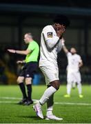 21 March 2025; Gideon Tetteh of Athlone Town reacts to a missed opportunity on goal during the SSE Airtricity Men's First Division match between Cobh Ramblers and Athlone Town at St Colman's Park in Cobh, Cork. Photo by Michael P Ryan/Sportsfile