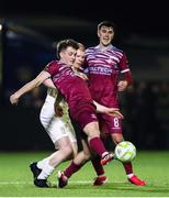 21 March 2025; Cian Bargary of Cobh Ramblers in action against Aaron Connolly of Athlone Town during the SSE Airtricity Men's First Division match between Cobh Ramblers and Athlone Town at St Colman's Park in Cobh, Cork. Photo by Michael P Ryan/Sportsfile