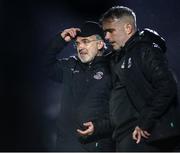 21 March 2025; Cobh Ramblers manager Mick McDermott, left, with assistant coach Richie Holland during the SSE Airtricity Men's First Division match between Cobh Ramblers and Athlone Town at St Colman's Park in Cobh, Cork. Photo by Michael P Ryan/Sportsfile