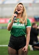 22 March 2025; Singer Lyra performs Ireland's Call before the Women's Six Nations Rugby Championship match between Ireland and France at Kingspan Stadium in Belfast. Photo by Ramsey Cardy/Sportsfile