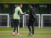 22 March 2025; Goalkeeper Gavin Bazunu and head coach Heimir Hallgrimsson during a Republic of Ireland training session at the FAI National Training Centre in Abbotstown, Dublin. Photo by Stephen McCarthy/Sportsfile