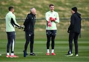 22 March 2025; Goalkeeping coach Gudmundur Hreidarsson with head coach Heimir Hallgrimsson, right, and goalkeepers Gavin Bazunu, left, and Mark Travers during a Republic of Ireland training session at the FAI National Training Centre in Abbotstown, Dublin. Photo by Stephen McCarthy/Sportsfile