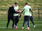 22 March 2025; Goalkeeping coach Gudmundur Hreidarsson with goalkeepers, from left, Mark Travers, Caoimhin Kelleher and Gavin Bazunu during a Republic of Ireland training session at the FAI National Training Centre in Abbotstown, Dublin. Photo by Stephen McCarthy/Sportsfile