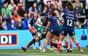 22 March 2025; Aoife Wafer of Ireland dives over to score her side's first try during the Women's Six Nations Rugby Championship match between Ireland and France at Kingspan Stadium in Belfast. Photo by Ramsey Cardy/Sportsfile