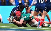 22 March 2025; Aoife Wafer of Ireland dives over to score her side's first try during the Women's Six Nations Rugby Championship match between Ireland and France at Kingspan Stadium in Belfast. Photo by Ramsey Cardy/Sportsfile