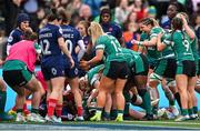 22 March 2025; Ireland players celebrate their side's first try, scored by Aoife Wafer, during the Women's Six Nations Rugby Championship match between Ireland and France at Kingspan Stadium in Belfast. Photo by Ramsey Cardy/Sportsfile
