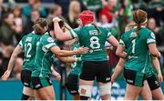 22 March 2025; Aoife Wafer of Ireland celebrates with Amee-Leigh Costigan, left, after scoring their side's first try during the Women's Six Nations Rugby Championship match between Ireland and France at Kingspan Stadium in Belfast. Photo by Ramsey Cardy/Sportsfile