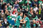 22 March 2025; Anna McGann, left, and Amee-Leigh Costigan of Ireland celebrate their side's first try, scored by Aoife Wafer, during the Women's Six Nations Rugby Championship match between Ireland and France at Kingspan Stadium in Belfast. Photo by Ramsey Cardy/Sportsfile